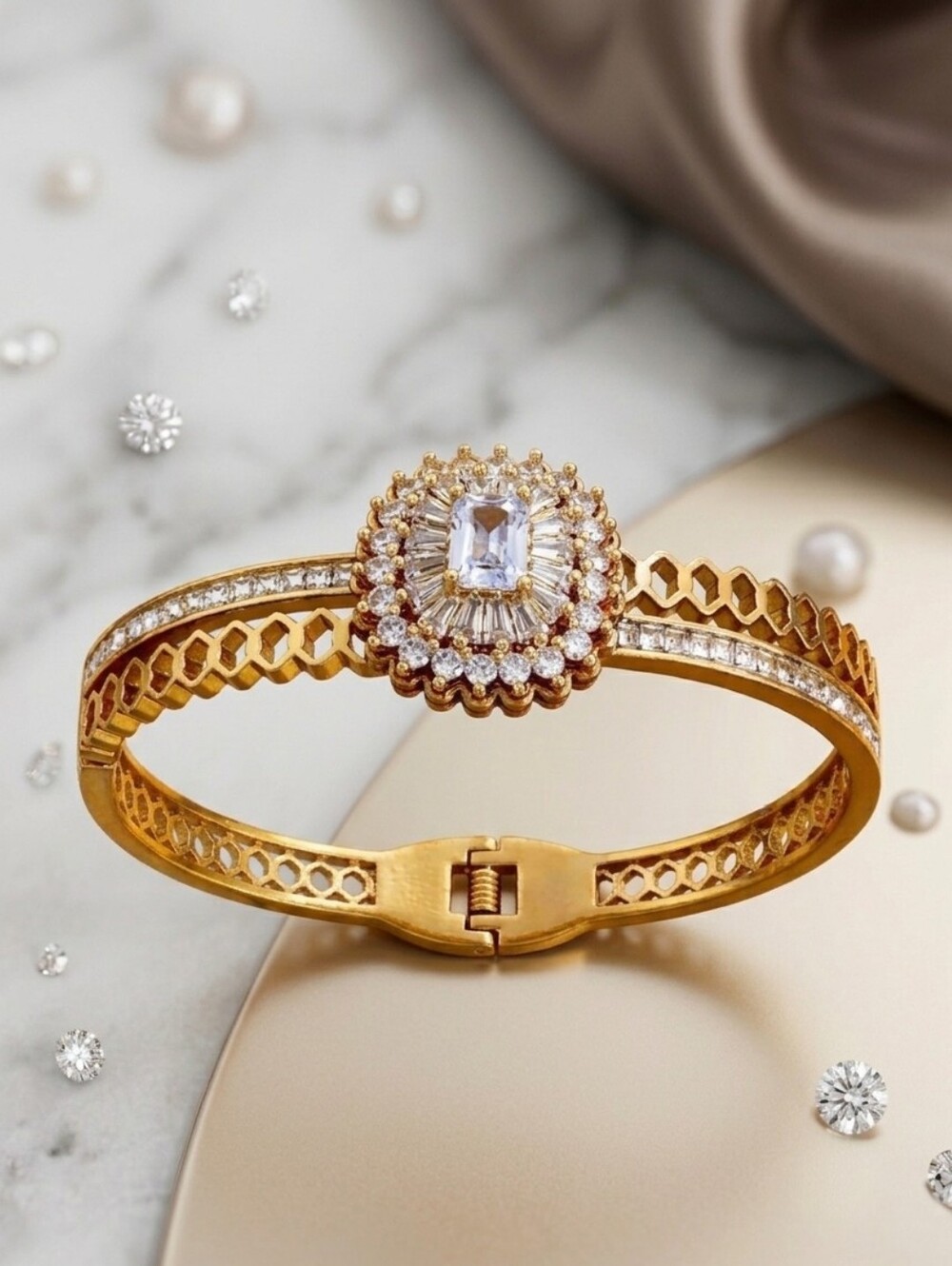Gold Crystal Halo Bangle Bracelet Honeycomb Hinge Cuff